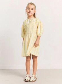 THE HAPPY LOOK Young Girls Striped Color Block Puff Sleeve Cinched Waist Flared Hem Dresses, Resort Style