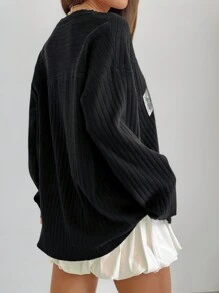 SHEIN EZwear Suéter de cuello en V negro con estampado de números Y2K para mujeres