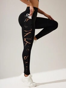 Easithlete Women High Waist Solid Color Patchwork Slim Fit Leggings - Black - View 3