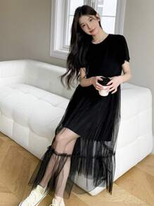 DAZY 女式撞色网眼圆领短袖中长连衣裙（夏季） - 黑色 - 查看 6