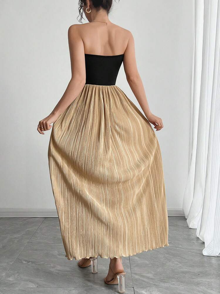 Women's Contrast Color Sleeveless Shiny Ruffle Hem Dress, Suitable For Dating & Formal Occasions In Summer Prom Dress Sundress,Casual Women Dresses