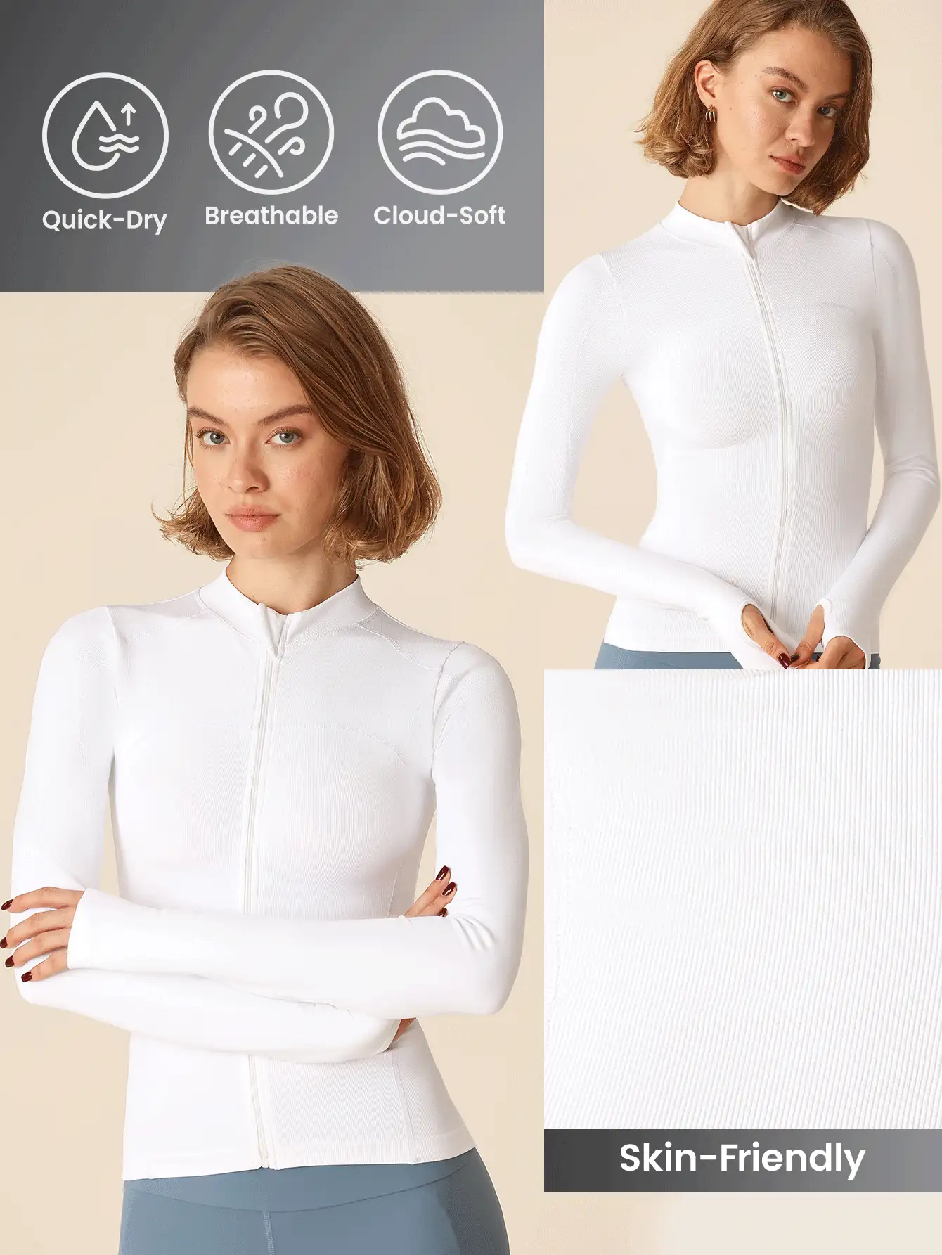 Lifespree Women's Solid Color Front Zipper Long Sleeve Casual Top, Everyday Wear - Light Grey - View 3