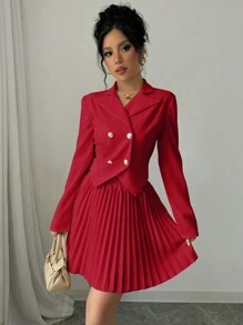 Elenzga Elegant Women's Double-Breasted Jacket & Pleated Midi Skirt Suit Set, For Valentine's Day