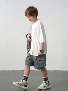 SHEIN 3pcs Tween Boy Casual Vest, Short Sleeve T-Shirt And Shorts Set