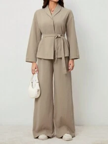 SHEIN Tall 优雅休闲度假/通勤女士领口系带宽松紧身衣搭配高腰软裤，适合秋季和夏季 - 卡其色 - 查看 3