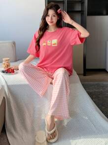 DAZY Set de pijama de 2 piezas para mujer con estampado, de manga corta y corte holgado