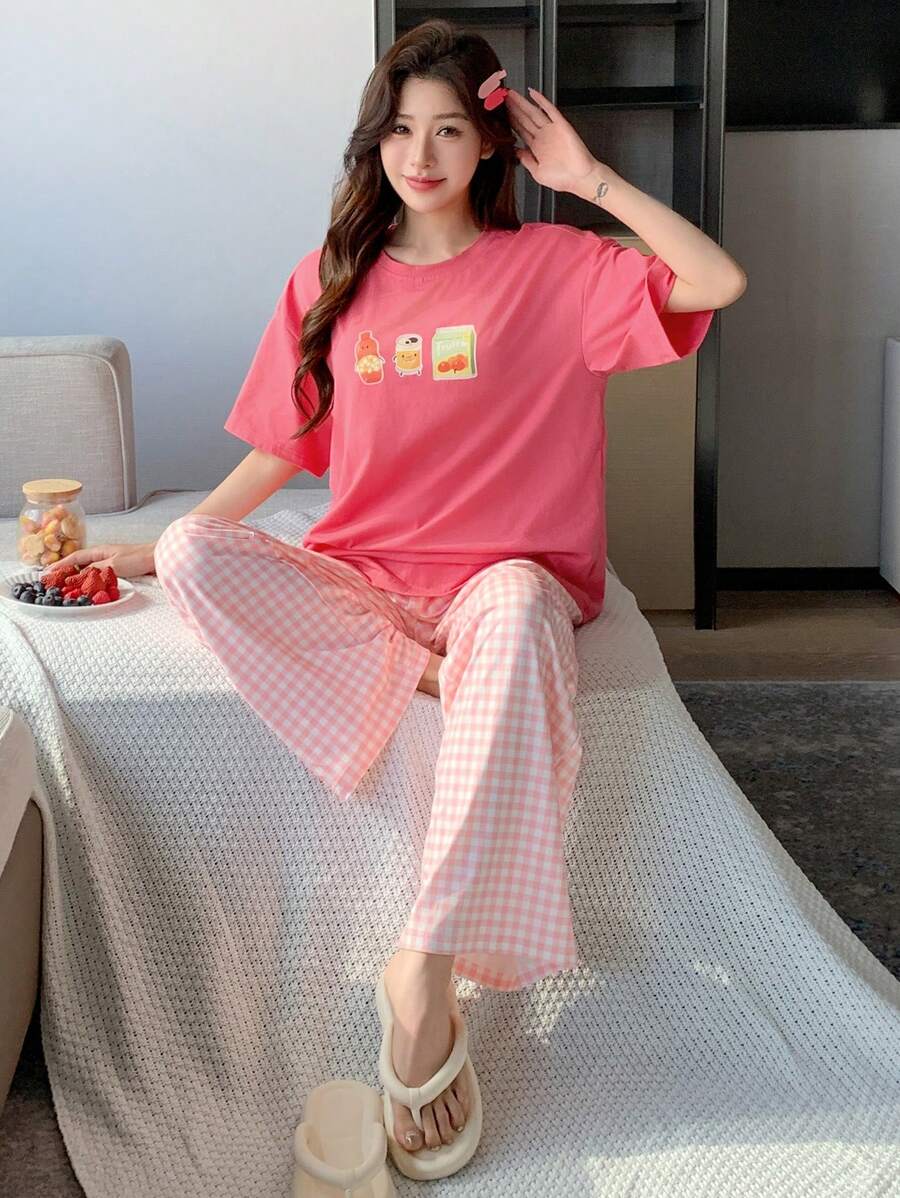 DAZY Set de pijama de 2 piezas para mujer con estampado, de manga corta y corte holgado