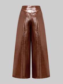 Glamine Pantalones anchos de talle alto de tela metálica marrón retro para mujer de diseño elegante, apropiados para el trabajo, fiestas, citas y uso versátil.