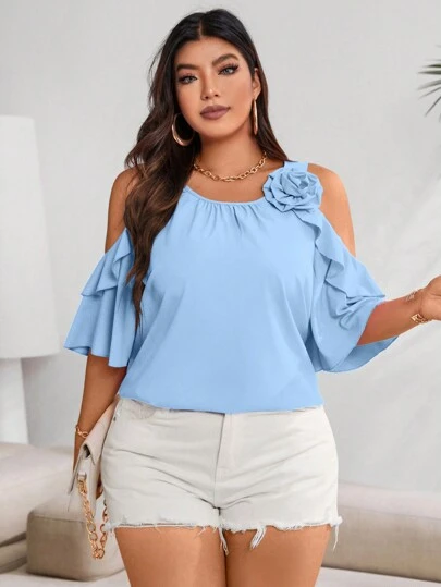 Vionelle Blusa de talla grande con hombros descubiertos y adorno de volantes para el verano, ropa de Año Nuevo
