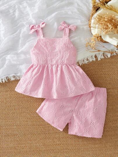 Vintaside Kids Baby Girl Solid Color Jacquard Ruffle Hem Camisole And Shorts Cute Casual 2 Pieces Set