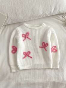 SHEIN Vintaside Kids Baby Girl Embroidered Pink Pullover Sweater, Suitable For Spring/Autumn And As Inner Wear In Cold Winters. The Exquisite Bow Embroidery Adds Adorable And Playful Touches. Suitable For Family Gatherings, Halloween, New Year, Thanksgiving, Christmas, Easter, National Day, Parties, New Year's Eve - White - View 5