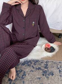 DAZY 2件套格子刺绣睡衣套装，秋季服装 - 玫紅色 - 查看 6