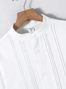 Set de 2 piezas de camisa de manga larga y pantalones cortos lisos informal para niños y preadolescentes varones, atuendo de caballero