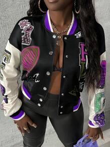 Slaydiva Monogram Logo Print Air Layer Off-Shoulder Striped Trim Colorblock Varsity Jacket In Fall/Winter - Purple - View 2