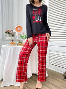 CoupledUp Valentinstag Paar Lässig Karo Kontrast Farben Damen Pyjama Set - Verschiedenfarbig - Übersicht 3