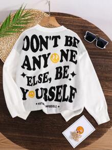 Sweter z dzianiny Casual Kids Tween Boys z haftem w blokach kolorów i literami, luźny krój i okrągły dekolt