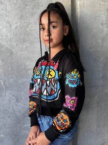 SHEIN Explorewe 姐妹/妈妈同款少女休闲趣味卡通怪兽图案美式街头嘻哈风格拉链短款卫衣 - 黑色 - 查看 3