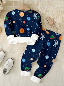 SHEIN Snug Fit Baby Boy Casual Comfortable Cartoon Planet, Astronaut Graphic Print Long Sleeve Round Neck Pants Home Clothing Set, Suitable For Autumn/Winter