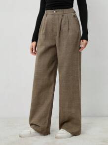 SHEIN Tall Pantalones tipo traje plisados a cuadros de estilo vintage, para otoño e invierno - Marrón - Ver 5
