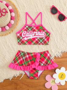 SHEIN 年轻女孩细肩带字母印花简约比基尼上衣和下装泳衣套装 - 西瓜粉 - 查看 1