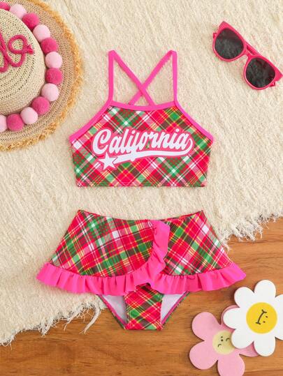 SHEIN Young Girl Spaghetti Strap Letter Print Simple Bikini Top And Bottom Swimwear Set