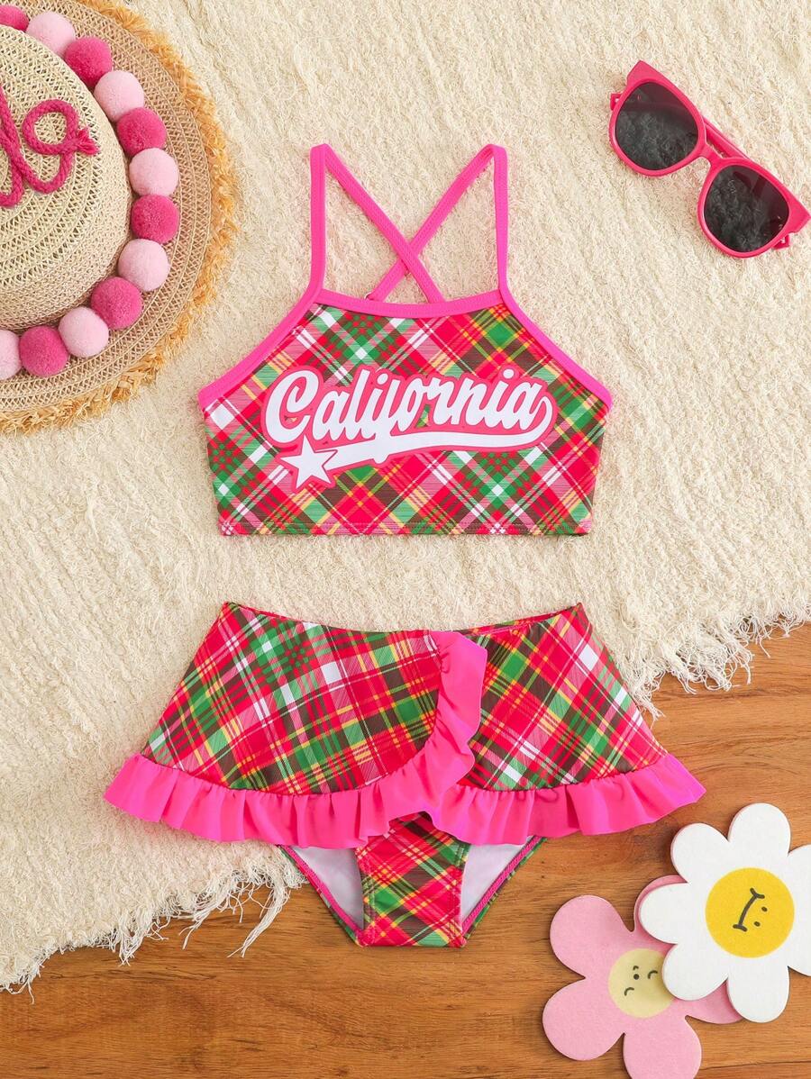 SHEIN 年轻女孩细肩带字母印花简约比基尼上衣和下装泳衣套装 - 西瓜粉 - 查看 1