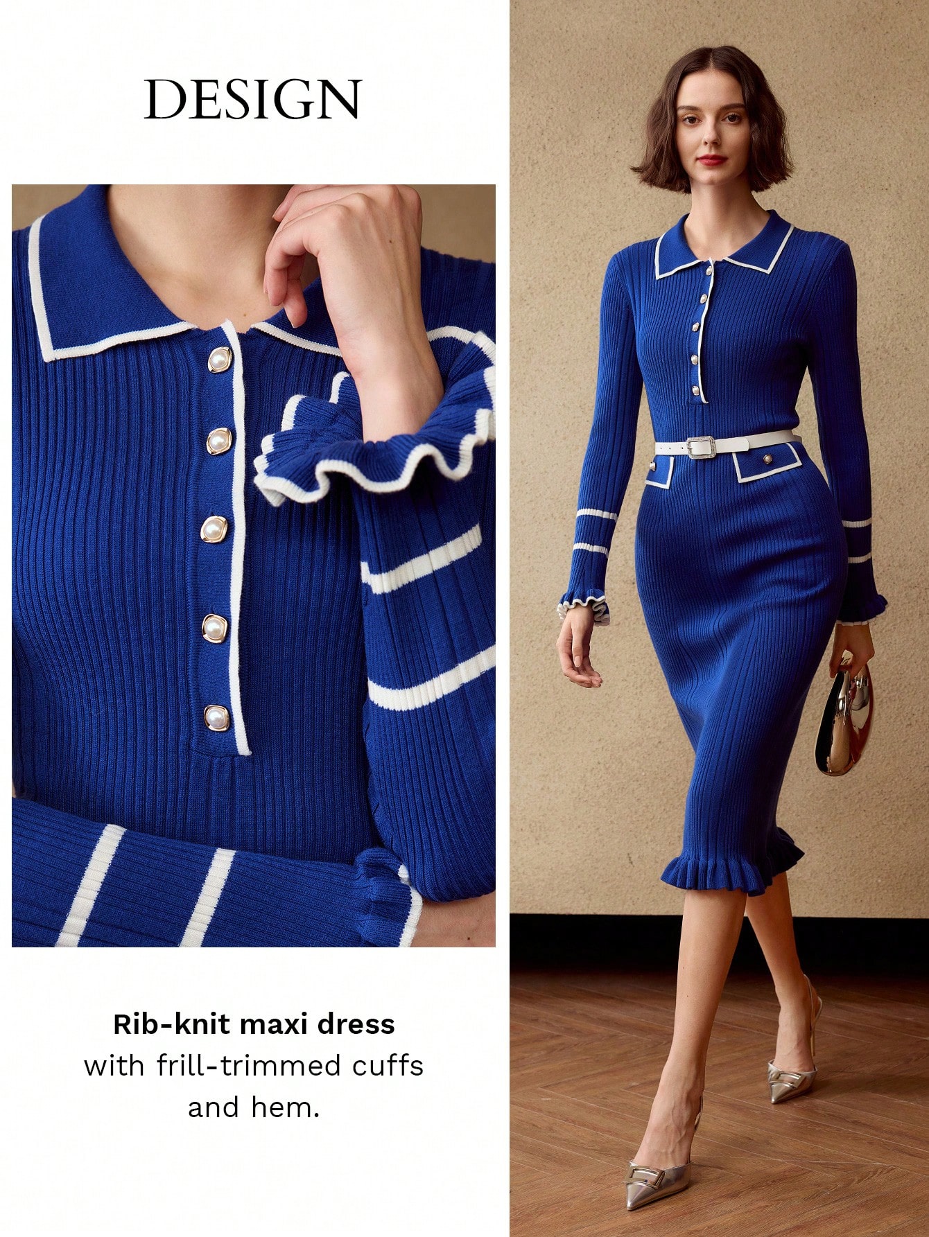 CONTRAST PIPING FLARE SLEEVE RIBBED KNIT SWEATER DRESS｜Motf