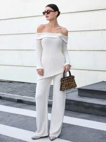 EURMUSE Vrouwen S Trendy Ruffle Collar 3d Flower Off-Shoulder Getailleerde Gebreide Trui Top En Trui Broek 2 stuks 2 Tweedelige Set Co-Ords