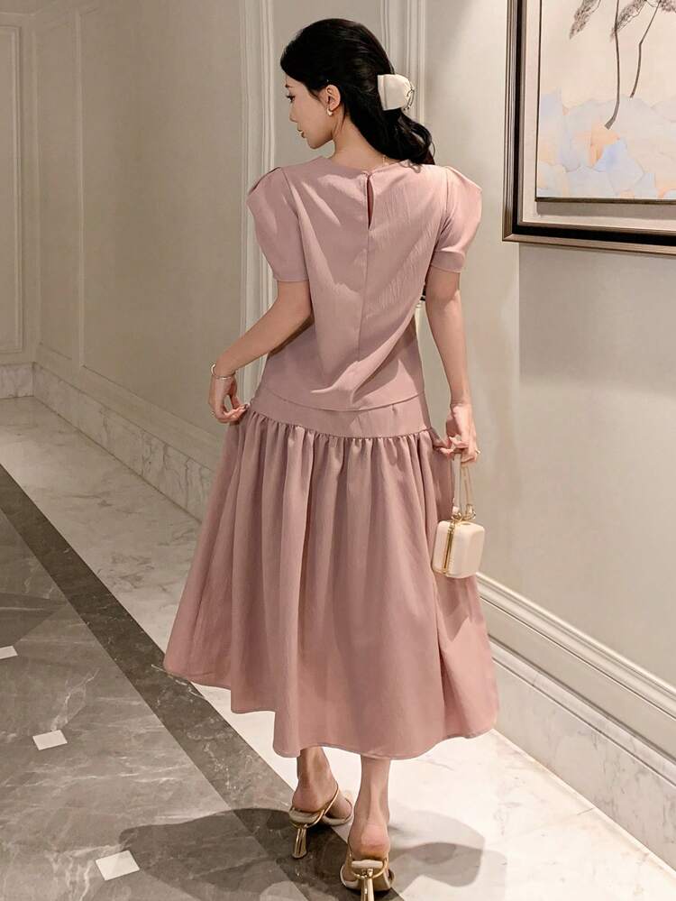 2pcs Set Minimalistic Round Neck Puff Sleeve Shirt + High Waist A-Line Skirt