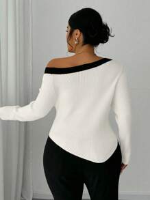 Celure Plus Size Dames Zwart & Wit Tweekleurige Asymmetrische Kraag Getailleerde Pullover Trui, Herfst/Winter