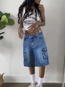 Quần Jeans Denim Thường Ngày Có Nút Túi Trước Cho Nữ, Mặc Hàng Ngày - Rửa nhẹ - Xem 3