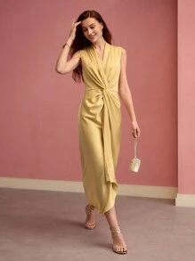 MOTF PREMIUM TWIST ASYMMETRICAL HEM SLEEVELESS DRAPED DRESS, SATIN, MIDI DRESS,SPRING/SUMMER - Yellow - View 4