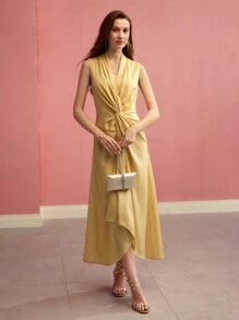 MOTF PREMIUM TWIST ASYMMETRICAL HEM SLEEVELESS DRAPED DRESS, SATIN, MIDI DRESS,SPRING/SUMMER - Yellow - View 5