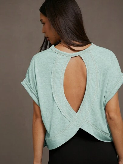 SHEIN Essnce Áo thun nữ mùa hè màu trơn cổ tròn cánh dơi tay ngắn dáng rộng áo thun có lưng rỗng