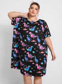 SHEIN CURVE+ Plus Size Summer Colorful Dinosaur Short-Sleeved Dress, Casual Cartoon Pattern Print, Cute