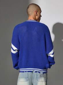 SUMWON Premium Varsity Letter V-Neck Sweater College Style Distressed Knit Pullover Casual Wear Winter Fall Fashion Loose Fit Ribbed Trim Oversized S Letter - Blue - View 2