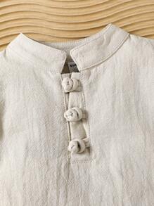 2 pezzi/set Top e pantaloncini da bambino set di colore albicocca con stampa, colletto alla coreana, tessuto morbido e confortevole, adatto per uso quotidiano, vacanze, scuola, riunioni, primavera/estate - Albicocca - Visualizzare 4