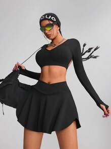 Innovista Women Activewear Sports Set,2pcs,Cropped Long Sleeve Hollow Out Sexy Gym Top & Skirts Shorts, Multi-Usephone Pockets High Waist Crossover Skirts,Tennis Skirts Set,Breathable Mesh Cut Out T-Shirts & Sweatshirts,Golf,Music Festival,Outdoor,Party,Dance,Autumn,Black,Valentine's Day,Sports Bra Quick-Drying, Utilitarian Chic - Black - View 7