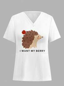 PopScrub Women's V-Neck Short Sleeve Dual Pocket Beautiful Animal Pattern Cute Hedgehog & Berries Cartoon Print Nurse Scrub Uniform Top, For Valentine's Day - Multicolor - View 2