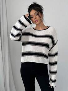 SHEIN Unity Suéter de mujer casual de manga larga con hombros caídos y bloques de color a rayas, suéter de punto de otoño/invierno - Albaricoque - Ver 7
