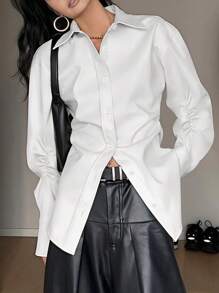 SHEIN Unity Camisa de mujer de manga larga con botones, fruncida y de unicolor elegante, adecuada para el uso diario y el trayecto al trabajo - Blanco - Ver 7