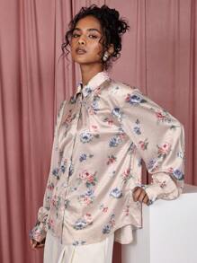 COSMINA Women's Floral Print Long Sleeve Single-Breasted Casual Shirt