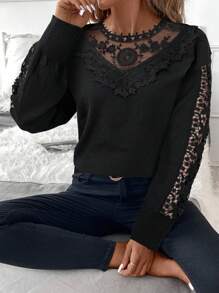 SHEIN Clasi 女士浪漫蕾丝领套头衫，冬季 - 黑色 - 查看 4