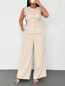 Celure 1 Set Plus Size Women Elegant Sleeveless Round Neck Blouse And Straight Leg Pants, 2 Pieces Set