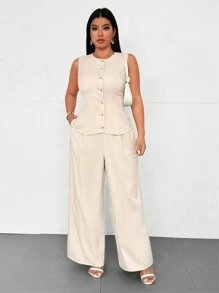 Celure 1 Set Plus Size Women Elegant Sleeveless Round Neck Blouse And Straight Leg Pants, 2 Pieces Set