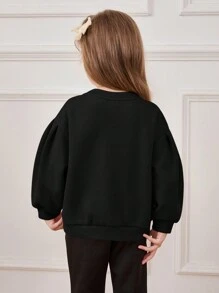 Cozy Pixies 年轻女孩时尚 3D 蝴蝶结点缀圆领落肩套头连帽衫 - 黑色 - 查看 4