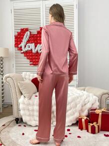 Women's Solid Color Long Sleeve Top & Pants Pajama Set, Casual & Fashionable For Everyday, Vacation