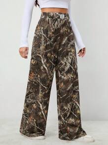 SHEIN Tall Women's Basic Knitted Camouflage Stretch Comfort Army Green Wide Leg Sweatpants