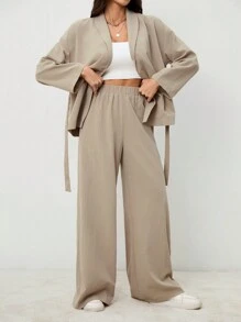 SHEIN Tall 优雅休闲度假/通勤女士领口系带宽松紧身衣搭配高腰软裤，适合秋季和夏季 - 卡其色 - 查看 6