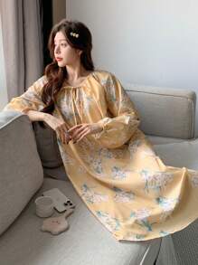 DAZY Floral Print Pleated Drawstring Collar Raglan Lantern Sleeve Loose Nightgown Pajama - Yellow - View 6